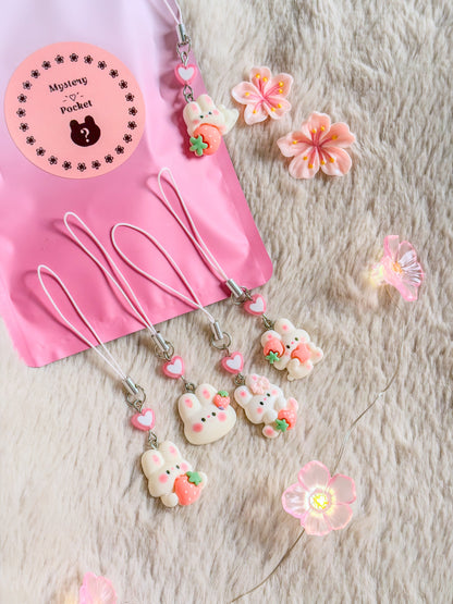 Exemples de phone charms lapin et fraise BloomLov avec perles cœur, devant leur pochette Mystery Pocket